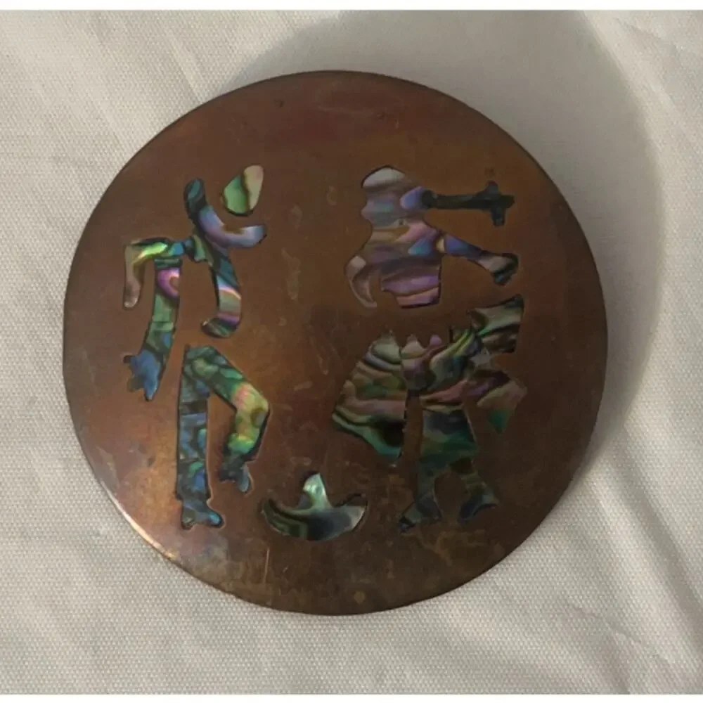 Vintage Copper Abalone Shell Inlay Dancer Brooch Pendant Southwestern
